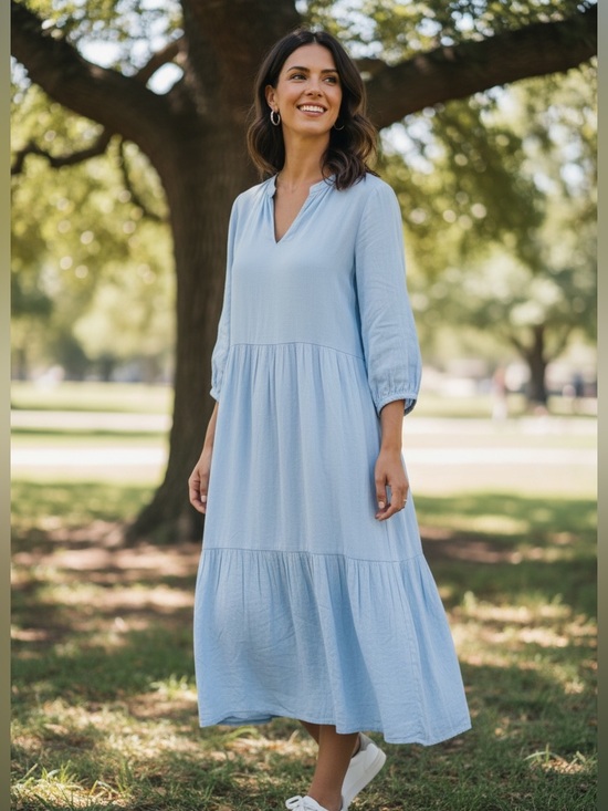 Gibson Latimer Dresses & Skirts - Gibson Latimer Light Blue V-Neck Tiered Midi Dress